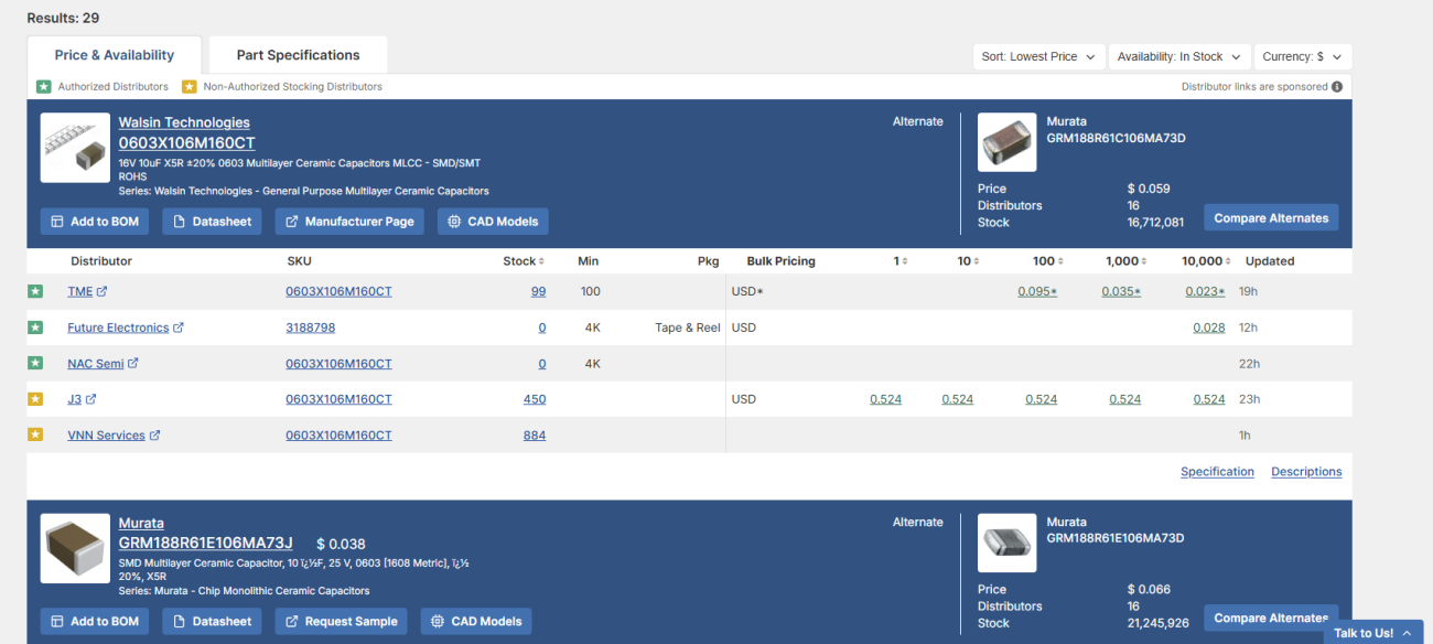 Sort results by lowest price or availability in Octopart