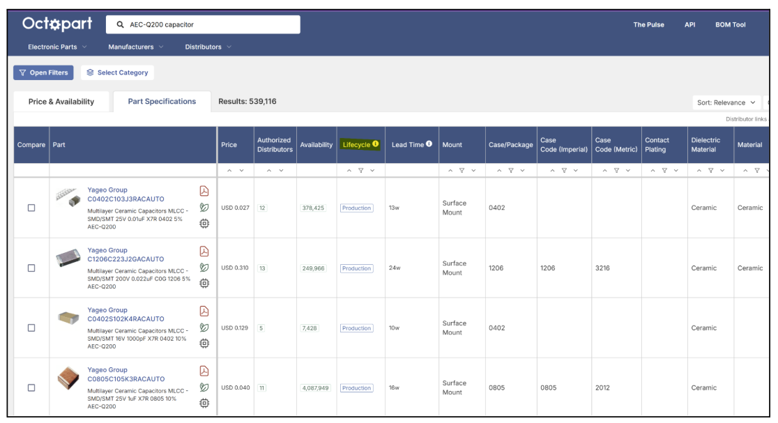 Specs View with lifecycle status visible in Octopart