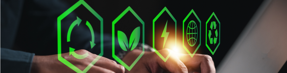 sustainable supply chain icons over a person searching at a laptop