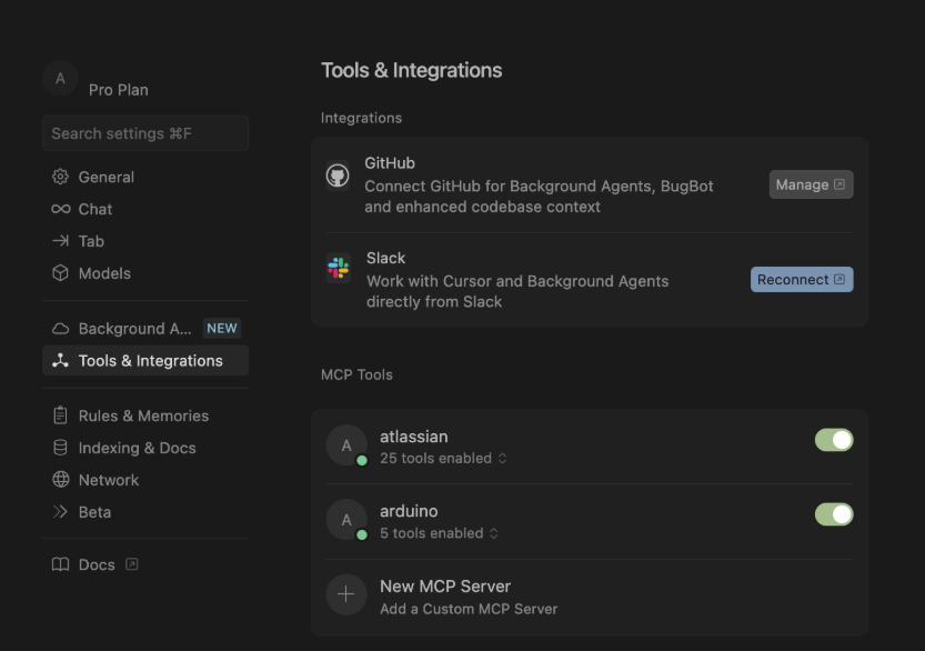 Figure 1: Tools and Integrations settings in Cursor