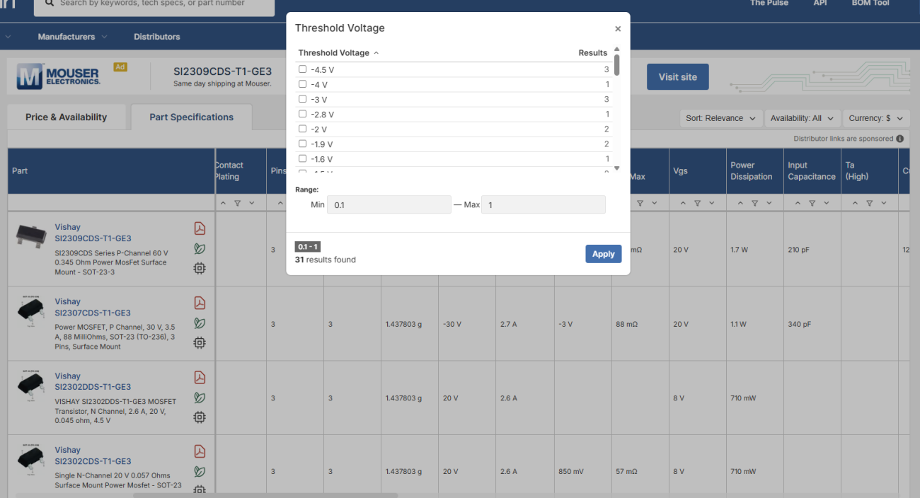 Threshold Voltage Filter: If you click on the funnel icon, you can manually enter a value range. 
