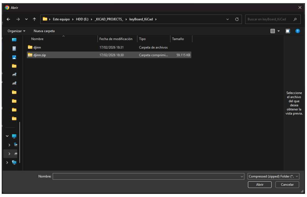 a dialog box for selecting a project created in the KiCAD tool
