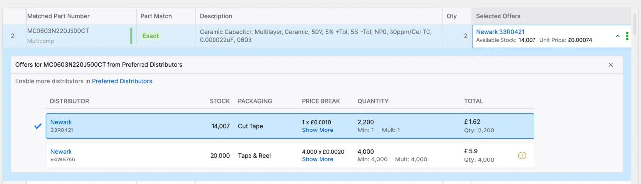 Automated Offer Comparison and Selection in Octopart BOM Tool
