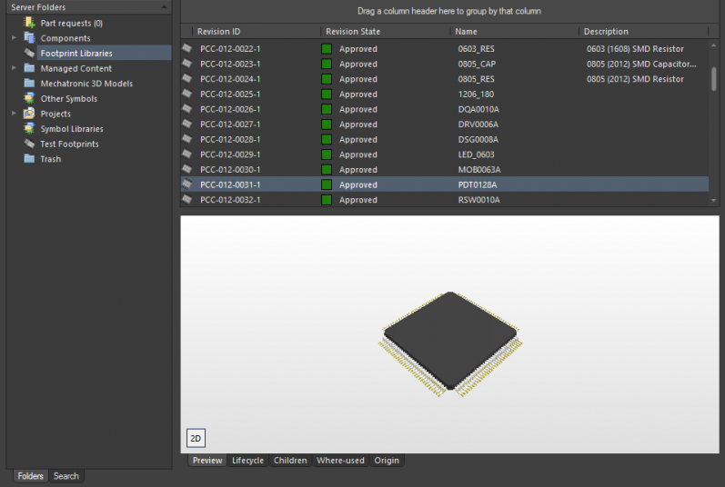 Altium Designer displays a list of electronic components with revision status data, including Revision ID, State, and Description, alongside a 3D model of a surface-mounted chip. 