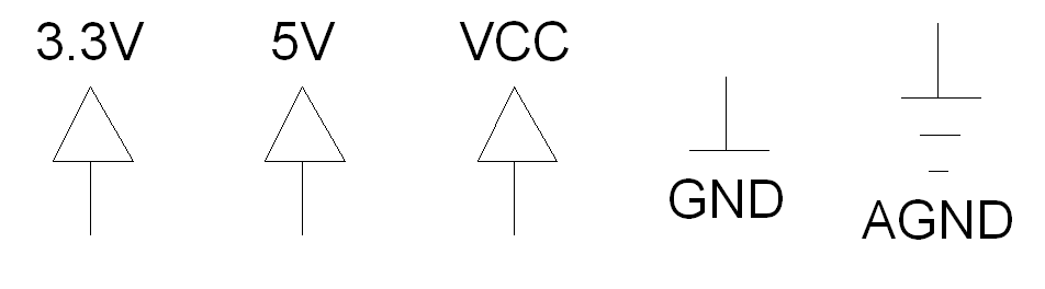 Schaltzeichen für Spannungsknoten – VCC, GND und Massesymbole