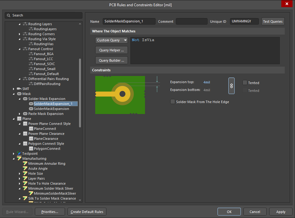 Solder mask expansion PCB design rules