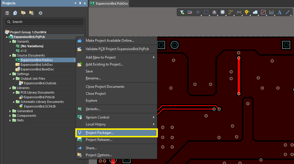 Öffnen des Project Packager in Altium 365 über das Projects Panel