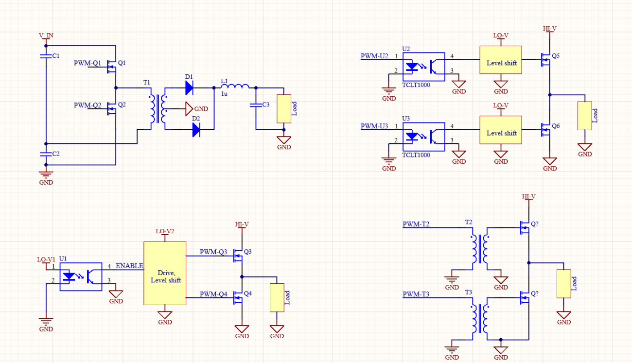 Schematic diagrams showing multiple power converter drive and level shift circuit designs