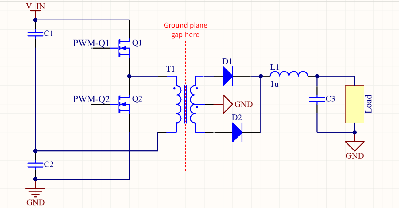 Schematic diagram of full-bridge transformer circuit with PWM switching and ground plane gap