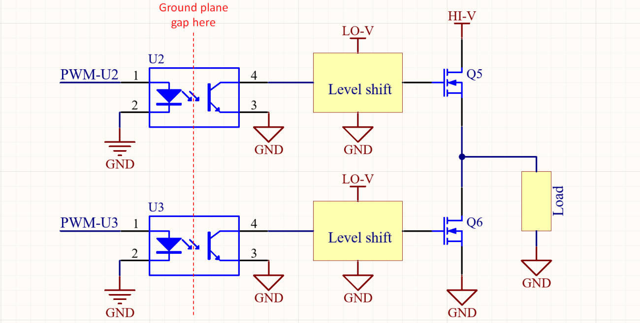 Schematic diagram of level shift circuit using optocouplers and high side MOSFET gate drive