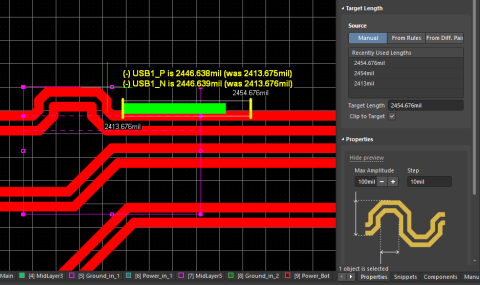Interactive differential pair length tuning in Altium Designer