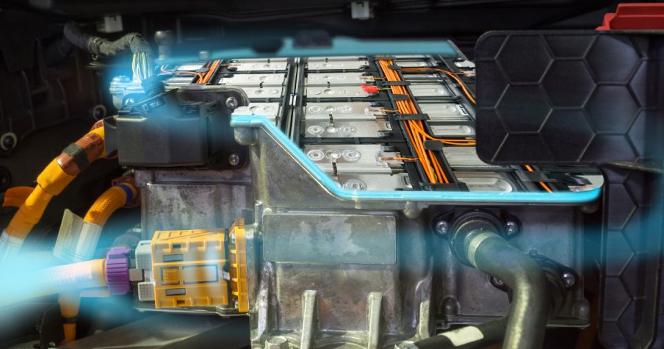 Electric car lithium battery pack and power connections on EV car background