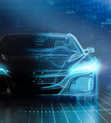 Ilustración de un coche azul con los faros encendidos, sobre un fondo oscuro