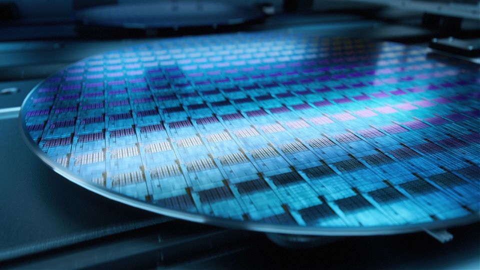 Semiconductor wafer showing rows of microchips during advanced semiconductor manufacturing