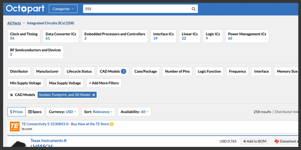 Filtros de búsqueda de Octopart